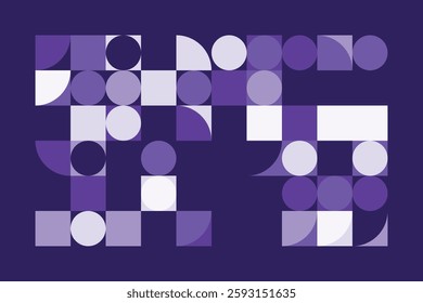 An abstract geometric composition with squares, circles, and semi-circles in various shades of purple. The structured yet dynamic arrangement creates a modern, futuristic, and artistic visual.