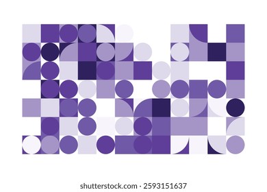 An abstract geometric composition with squares, circles, and semi-circles in various shades of purple. The structured yet dynamic arrangement creates a modern, futuristic, and artistic visual.