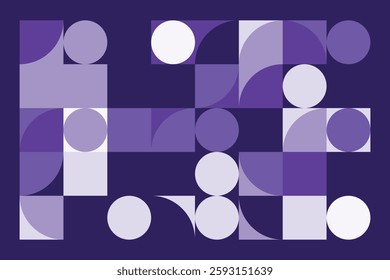 An abstract geometric composition with squares, circles, and semi-circles in various shades of purple. The structured yet dynamic arrangement creates a modern, futuristic, and artistic visual.