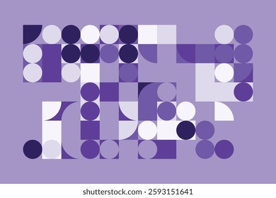 An abstract geometric composition with squares, circles, and semi-circles in various shades of purple. The structured yet dynamic arrangement creates a modern, futuristic, and artistic visual.