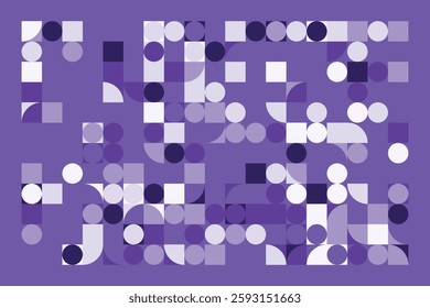 An abstract geometric composition with squares, circles, and semi-circles in various shades of purple. The structured yet dynamic arrangement creates a modern, futuristic, and artistic visual.