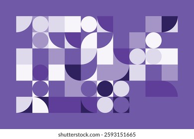 An abstract geometric composition with squares, circles, and semi-circles in various shades of purple. The structured yet dynamic arrangement creates a modern, futuristic, and artistic visual.