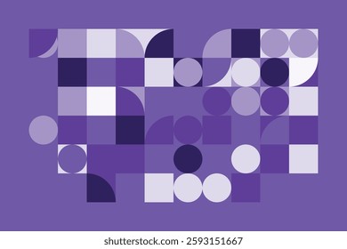 An abstract geometric composition with squares, circles, and semi-circles in various shades of purple. The structured yet dynamic arrangement creates a modern, futuristic, and artistic visual.