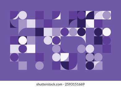 An abstract geometric composition with squares, circles, and semi-circles in various shades of purple. The structured yet dynamic arrangement creates a modern, futuristic, and artistic visual.