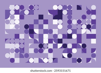 An abstract geometric composition with squares, circles, and semi-circles in various shades of purple. The structured yet dynamic arrangement creates a modern, futuristic, and artistic visual.