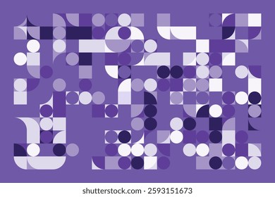 An abstract geometric composition with squares, circles, and semi-circles in various shades of purple. The structured yet dynamic arrangement creates a modern, futuristic, and artistic visual.