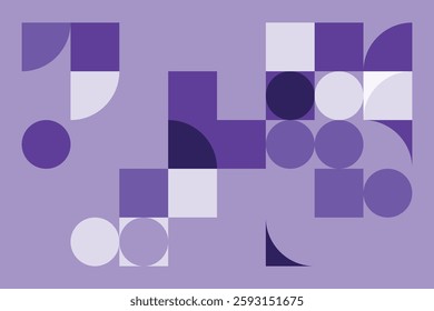 An abstract geometric composition with squares, circles, and semi-circles in various shades of purple. The structured yet dynamic arrangement creates a modern, futuristic, and artistic visual.