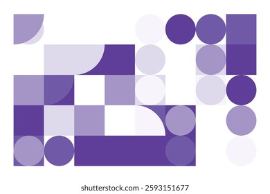 An abstract geometric composition with squares, circles, and semi-circles in various shades of purple. The structured yet dynamic arrangement creates a modern, futuristic, and artistic visual.