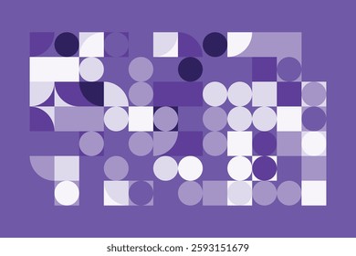 An abstract geometric composition with squares, circles, and semi-circles in various shades of purple. The structured yet dynamic arrangement creates a modern, futuristic, and artistic visual.