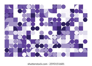 An abstract geometric composition with squares, circles, and semi-circles in various shades of purple. The structured yet dynamic arrangement creates a modern, futuristic, and artistic visual.