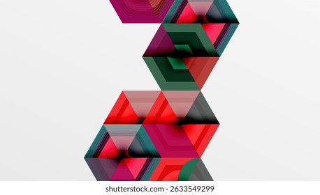 Abstract geometric composition. Stacked cubes create optical illusion, vibrant colors dominate design. Minimalist style, modern aesthetic.