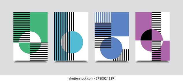Abstrakte geometrische Komposition mit Streifen und Kreisen im modernen Bauhausstil.