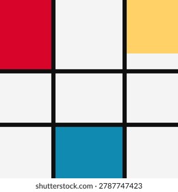 Abstract geometric composition in the style of De Stijl with primary colors and bold black grid lines illustration