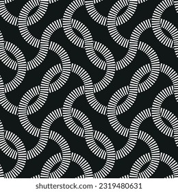 Abstract geometric composition of tangled lines on a black background. Black and white striped rope. Seamless repeating pattern. Vector image. 