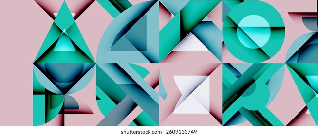 Abstract geometric composition. Teal shapes overlap on pink background. Triangles, circles create dynamic pattern. Modern design, clean lines, vibrant colors.
