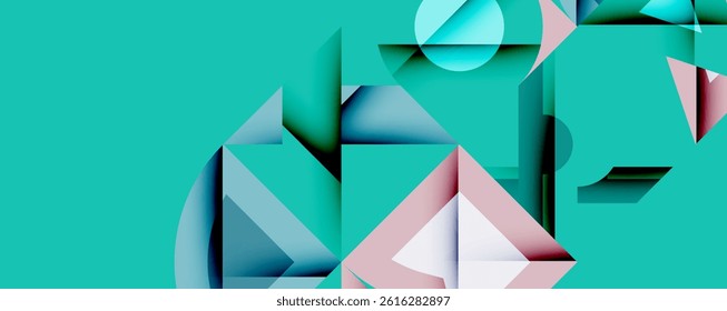Abstract geometric composition. Turquoise, blue, pink shapes overlap creating layered visual effect. Modern design elements present.