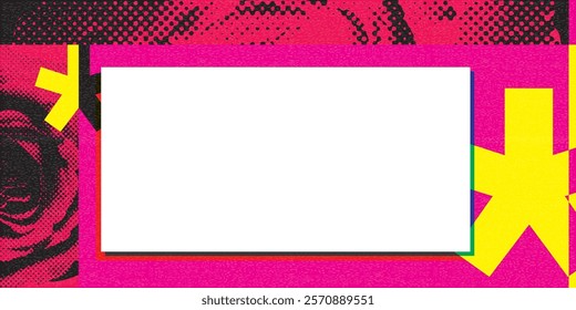 Abstract geometric composition Valentine's day concept punchy style with rose flowers halftone screen and risograph printing texture graphic illustration have blank space.
