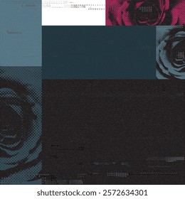 Abstract geometric composition Valentine's day concept punchy style with rose flowers halftone screen and risograph printing texture graphic illustration have blank space.