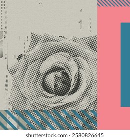 Abstract geometric composition Valentine's day concept punchy style with rose flowers halftone screen and risograph printing texture graphic illustration.