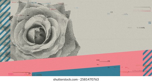 Abstract geometric composition Valentine's day concept punchy style with rose flowers halftone screen and risograph printing texture graphic illustration.