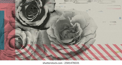 Abstract geometric composition Valentine's day concept punchy style with rose flowers head halftone screen and risograph printing texture graphic illustration.