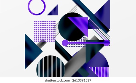Abstract geometric composition. Various shapes overlap, creating dynamic visual interest. Purple, black, gray tones dominate design. Modern aesthetic.