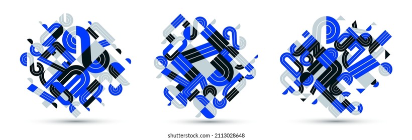 Abstract geometric composition vector designs set, blue abstraction isolated on white, modern style shapes illustration art collection.