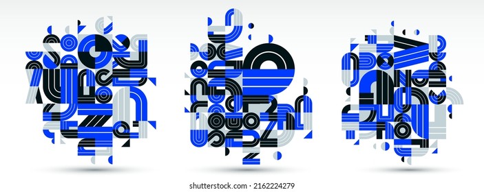 Abstract geometric composition vector designs set, blue abstraction isolated on white, modern style shapes illustration art collection.