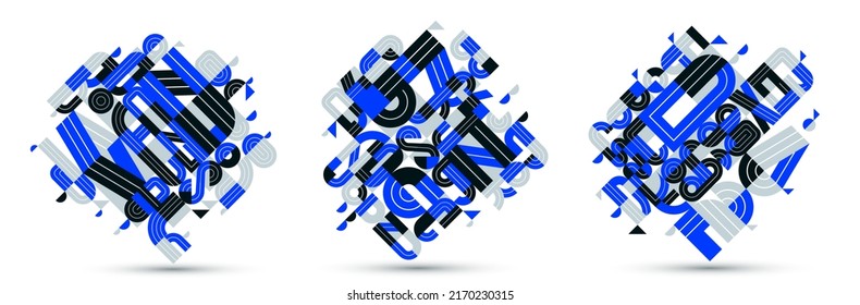 Abstract geometric composition vector designs set, blue abstraction isolated on white, modern style shapes illustration art collection.