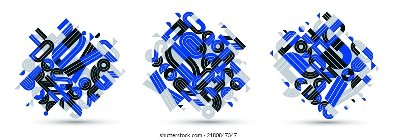 Abstract geometric composition vector designs set, blue abstraction isolated on white, modern style shapes illustration art collection.