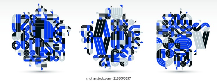 Abstract geometric composition vector designs set, blue abstraction isolated on white, modern style shapes illustration art collection.