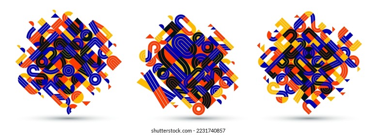Abstract geometric composition vector designs set, colorful abstraction isolated on white, modern style shapes illustration art collection.