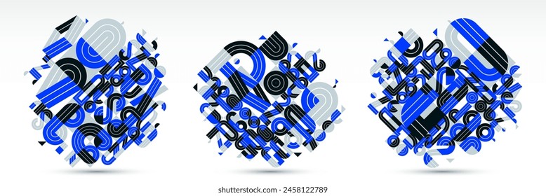 Abstract geometric composition vector designs set, blue abstraction isolated on white, modern style shapes illustration art collection.