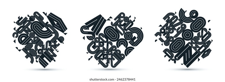 Abstract geometric composition vector designs set, black and white abstraction isolated on white, modern style shapes illustration art collection.