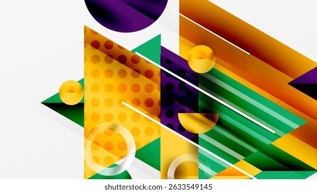 Abstract geometric composition. Vibrant colors overlap, creating dynamic visual experience. Shapes include circles, triangles, rectangles.