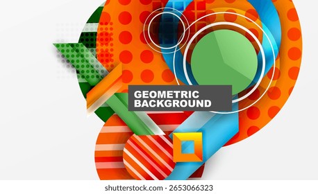 Abstract geometric composition. Vibrant colors, overlapping shapes create modern design. Circles, squares, triangles dominate visual space.