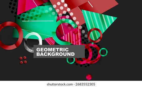 Abstract geometric composition. Vibrant colors, shapes overlap creating dynamic visual effect. Modern design elements present.