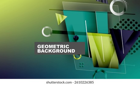 Abstract geometric composition. Vibrant gradients, overlapping shapes create modern design. Metallic accents add depth, texture. Clean lines, dynamic arrangement.