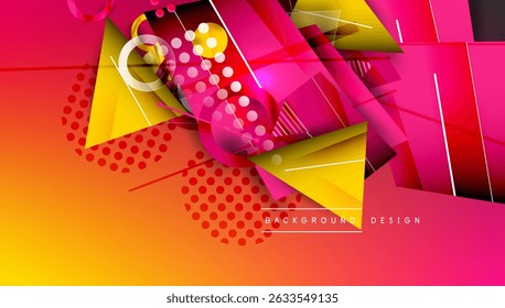 Abstract geometric composition. Vibrant gradients, overlapping shapes, dynamic lines create modern visual experience. Red, yellow, pink dominate.