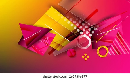 Abstract geometric composition. Vibrant gradients, overlapping shapes, dynamic lines create modern visual experience. Bright colors dominate design.