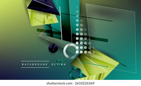 Abstract geometric composition. Vibrant green, blue gradients. Overlapping shapes, lines, circles create dynamic visual effect. Modern design element.