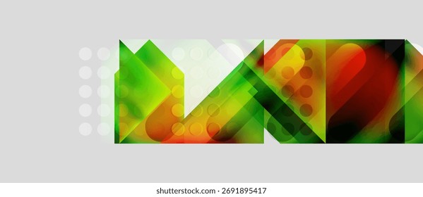 Composição geométrica abstrata. Verde vibrante, matizes alaranjados se misturam. As formas se sobrepõem criando um efeito visual dinâmico. Elementos de design modernos presentes.