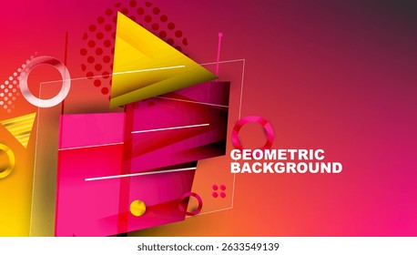 Abstract geometric composition. Vibrant pink, yellow hues dominate design. Shapes overlap, creating dynamic visual effect. Modern aesthetic.