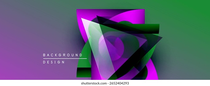 Abstract geometric composition. Vibrant purple, green gradients create dynamic visual effect. Modern design elements suggest innovation, energy.