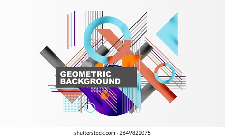Composição geométrica abstrata. Formas vibrantes se sobrepõem, criando textura visual dinâmica. Elementos de design modernos apresentam contrastes de cores arrojadas.