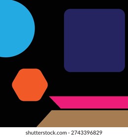 Abstract Geometric Composition with Vibrant Shapes, Purple Square, Cyan Circle, and Orange Hexagon on Black