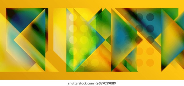 Composición geométrica Abstractas. Vibrantes triángulos, círculos, rectángulos se mezclan. El fondo amarillo domina, creando un efecto visual dinámico.