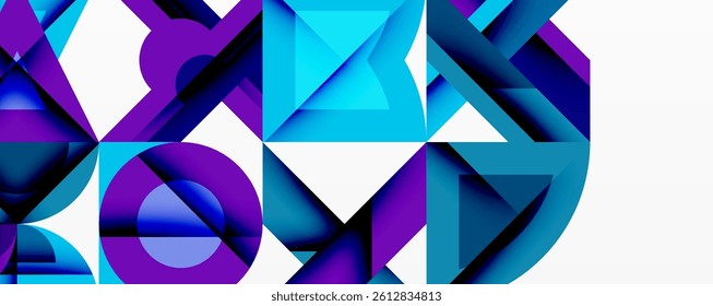 Abstract geometric composition. Vivid blues, purples create dynamic interplay. Shapes overlap, forming modern pattern. Clean lines, bold colors dominate design.
