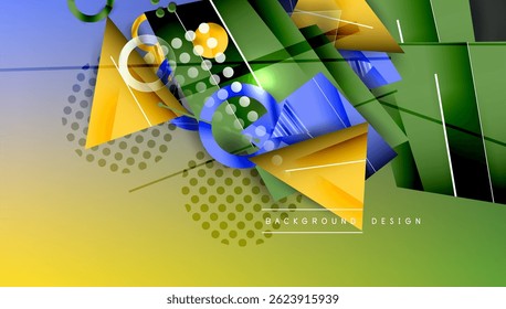 Abstract geometric composition. Vivid colors blend, creating dynamic visual experience. Shapes overlap, forming modern design.