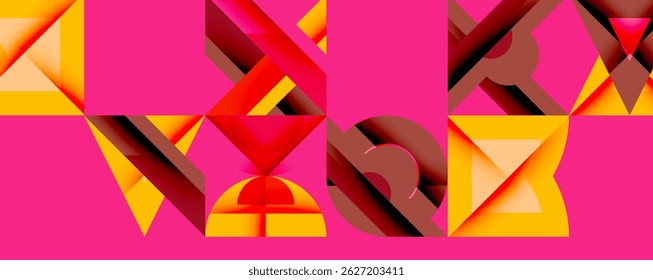 Abstract geometric composition. Vivid colors, sharp angles, modern design. Shapes overlap creating dynamic visual effect.